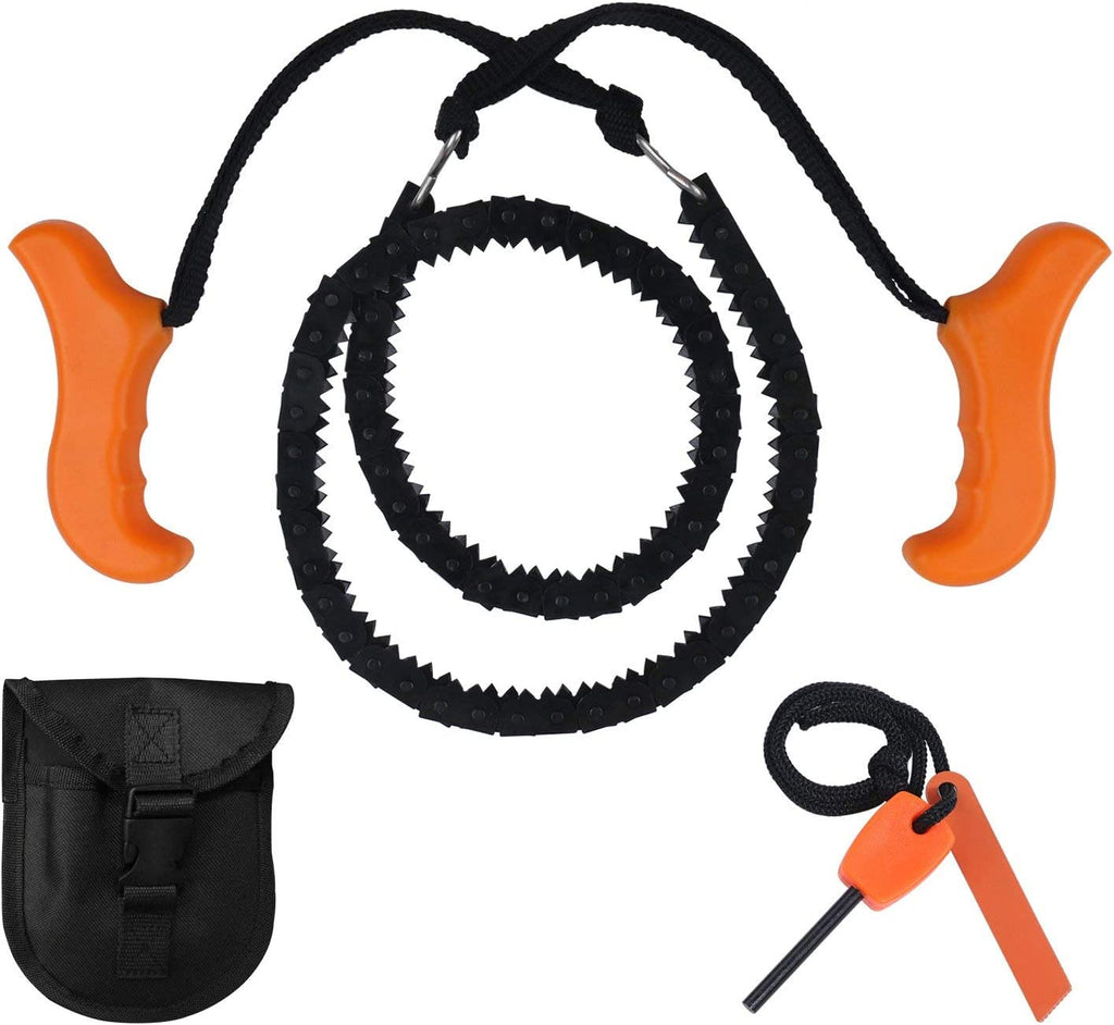 Survival Chainsaw Pocket Hand Saw 29-Inch with Strong Sharp Teeth for Camping Hiking Hunting Gardening and Outdoor Emergency Includes Fire Starter and Carrying Pouch