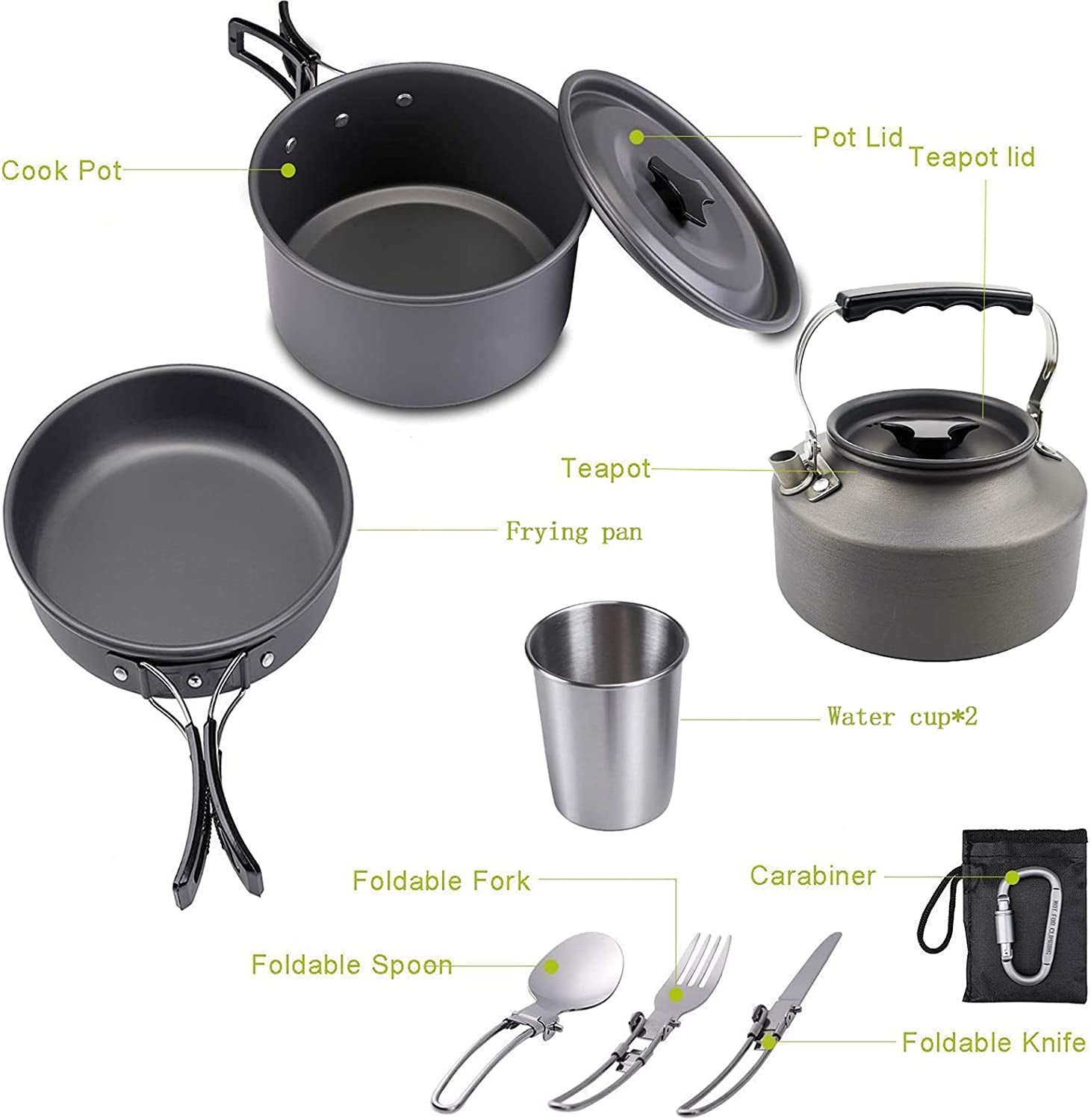Outdoor Cookware Set - Camping Equipment Aluminum Tableware Camping Pot Set Suitable for 2~3 People - Green