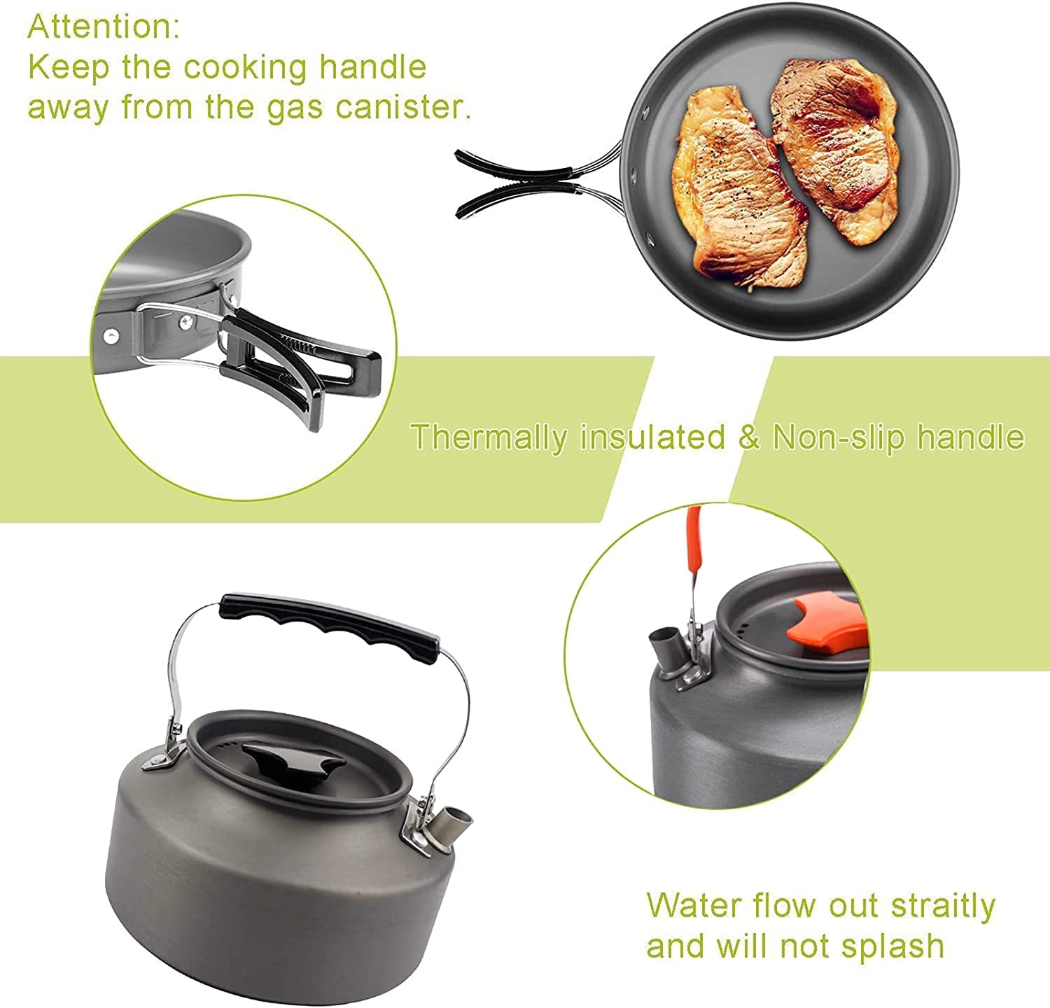 Outdoor Cookware Set - Camping Equipment Aluminum Tableware Camping Pot Set Suitable for 2~3 People - Green