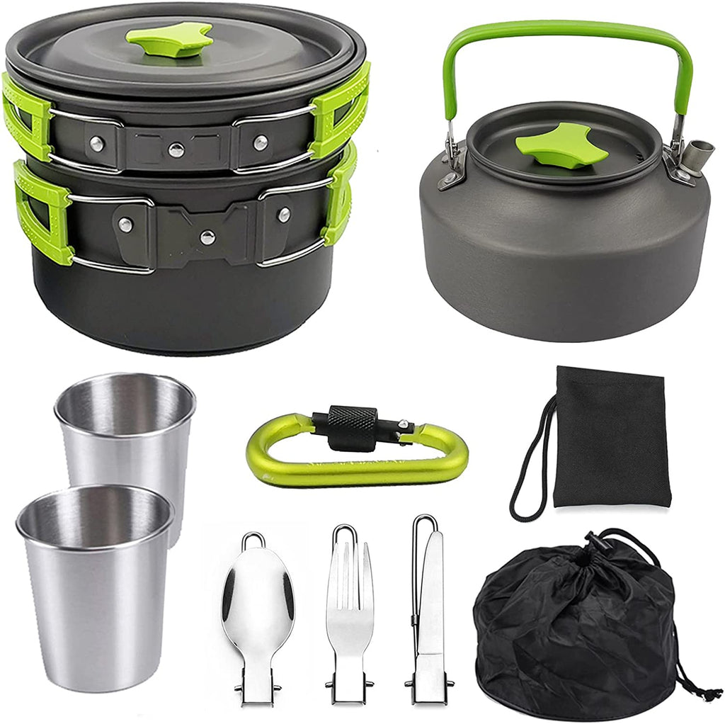 Outdoor Cookware Set - Camping Equipment Aluminum Tableware Camping Pot Set Suitable for 2~3 People - Green