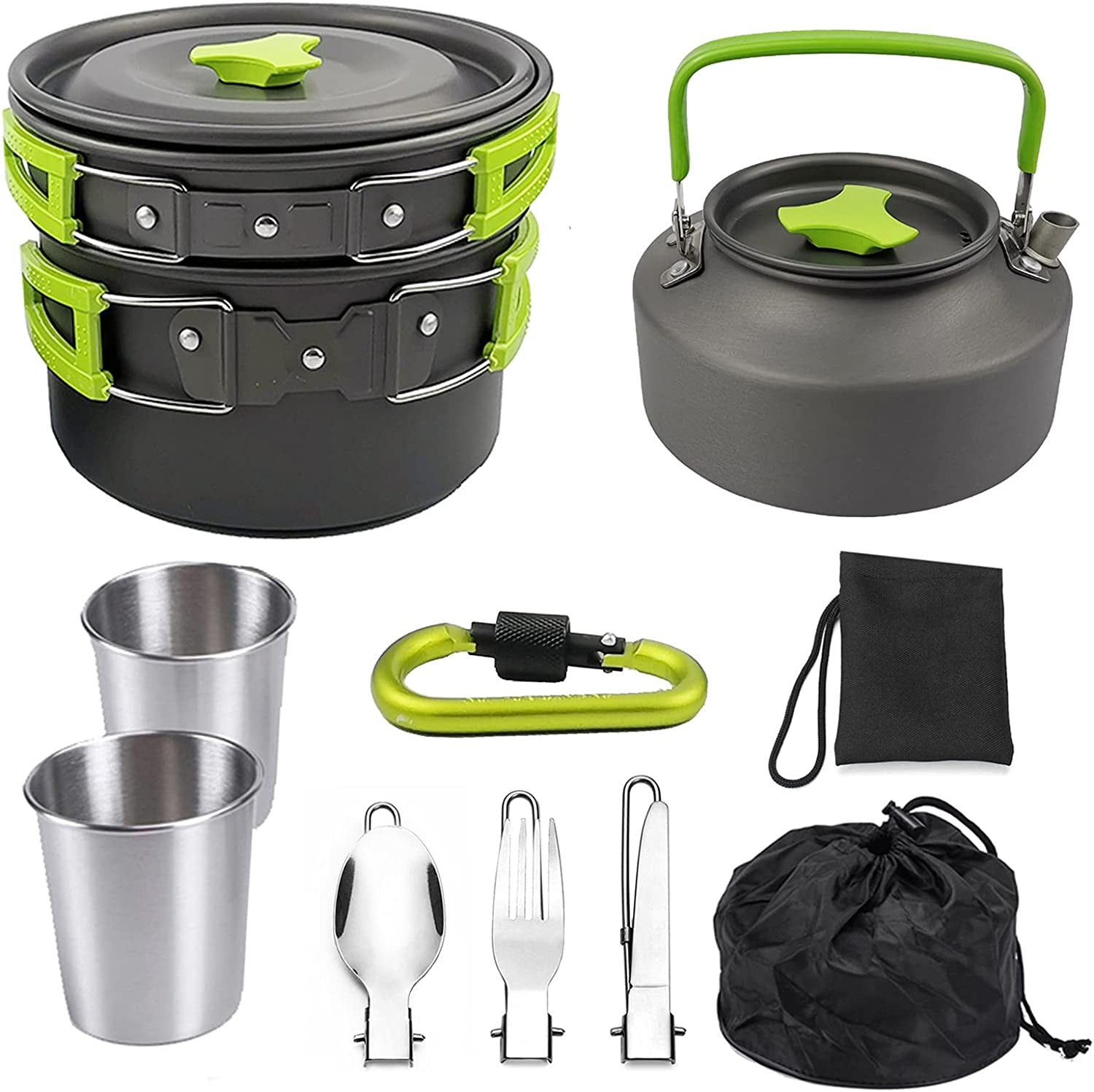Outdoor Cookware Set - Camping Equipment Aluminum Tableware Camping Pot Set Suitable for 2~3 People - Green